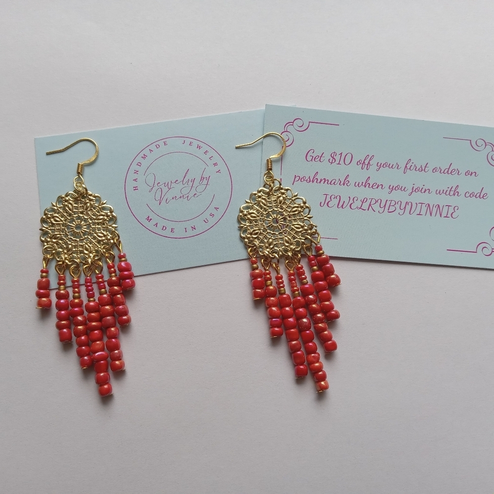 Hand Crafted Gold and Orange Beaded Earrings - Picture 5 of 6